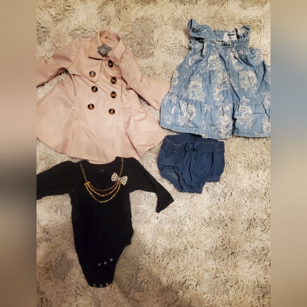 BABY 3-6 MONTHS PINK Tahari Trench Coat Old Navy denim dress with flowers